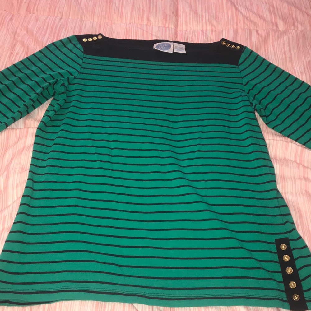 Green and black striped shirt w gold buttons
